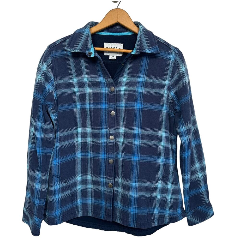Orvis Men's Blue Plaid Fleece Lined Snap Down Shirt Jacket Pockets Size Medium